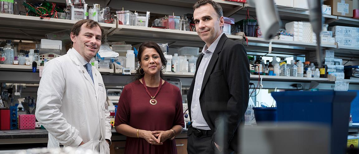 Three MSK experts standing in a lab, facing the camera and smiling 