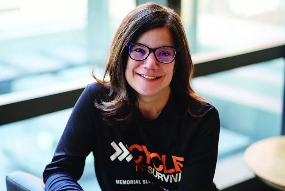 Jennifer Brosnan wearing a Cycle for Survival shirt.  